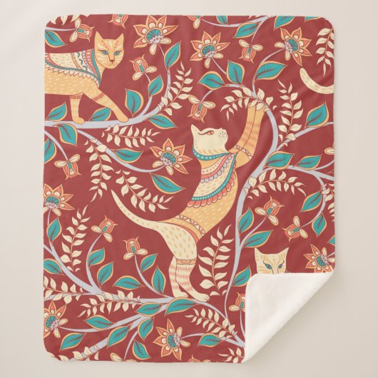 Couverture Sherpa Cats with ornaments,branches with flowers and leav (Devant)
