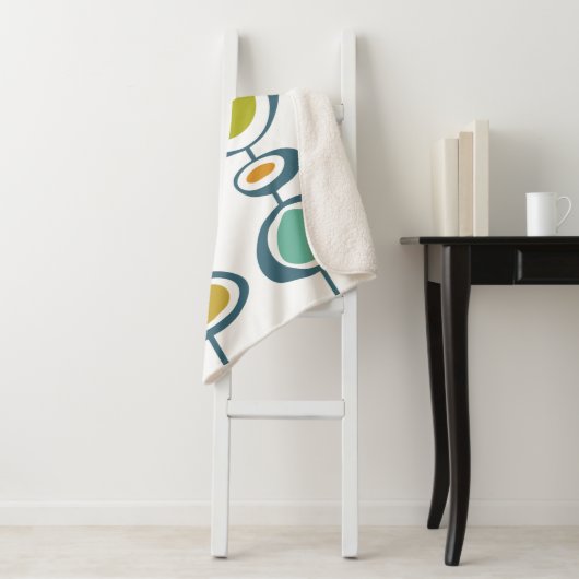 Couverture Sherpa Cercles Abstraits bleus orange vert mi-siècle (En situation)