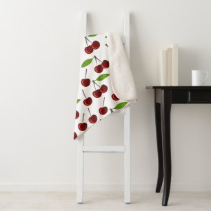 Couverture Sherpa Cerise Rouge, Motif De Cerises, Feuilles, Fruits