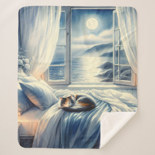 Couverture Sherpa Chambre côtière éclairée par la lune avec un chat