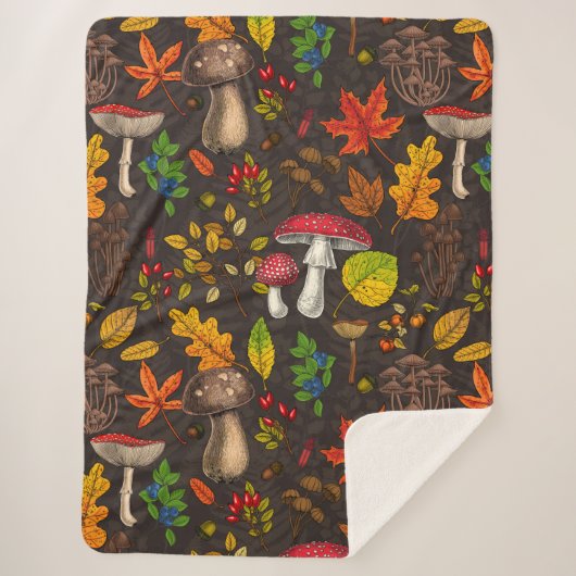 Couverture Sherpa Champignons d'automne, feuilles, noix et baies sur (Devant)