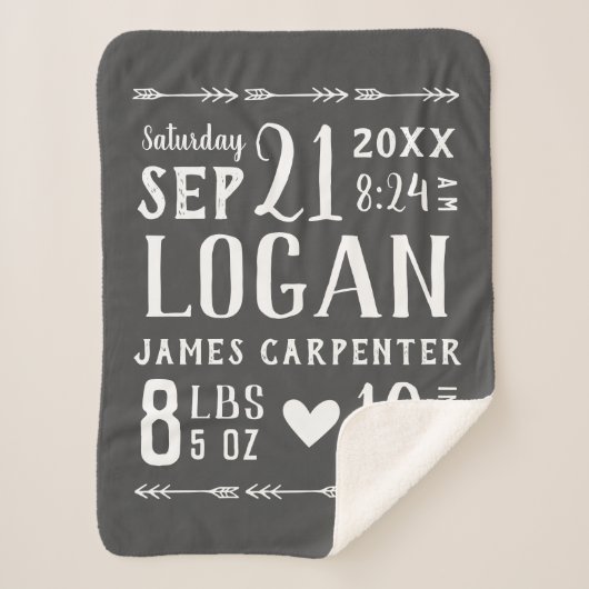 Couverture Sherpa Charcoal Baby Boy Birth Stats Keepsaké (Devant)