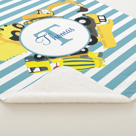 Couverture Sherpa Chariots de construction Bleu rayures Monogramme (3/4)