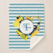 Couverture Sherpa Chariots de construction Bleu rayures Monogramme (Devant)