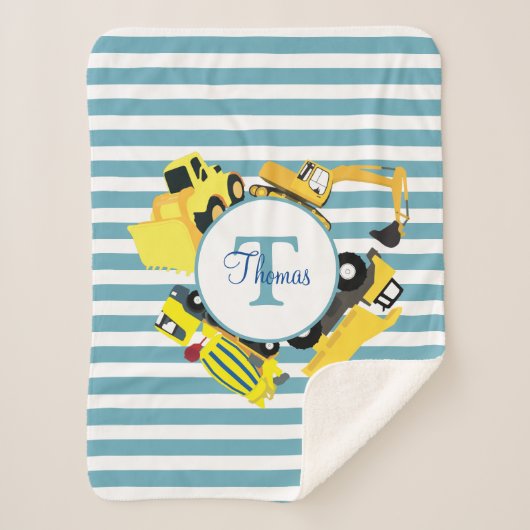 Couverture Sherpa Chariots de construction Bleu rayures Monogramme (Devant)