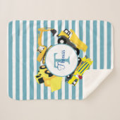 Couverture Sherpa Chariots de construction Bleu rayures Monogramme (Devant (Horizontal))