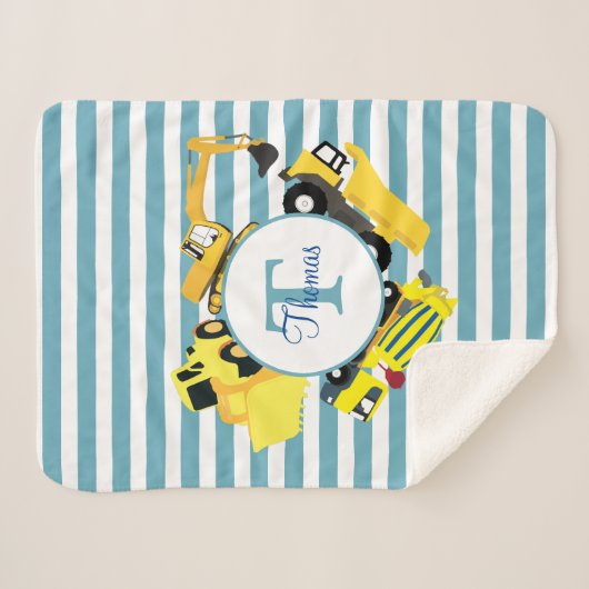 Couverture Sherpa Chariots de construction Bleu rayures Monogramme (Devant (Horizontal))