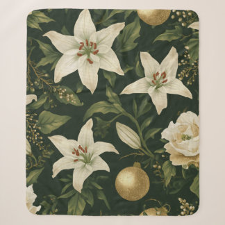 Couverture Sherpa Chasseur Vert Ivoire Or Lily Floral Noël