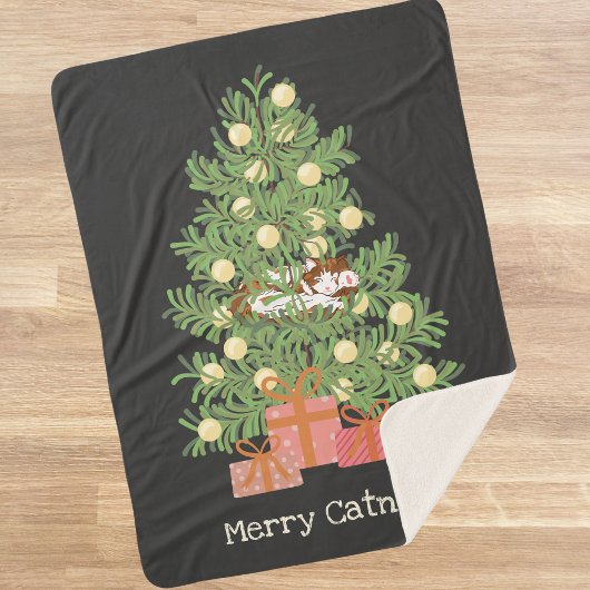 Couverture Sherpa Chat amusant & Arbre de Noël Joyeux Catnaps! Black