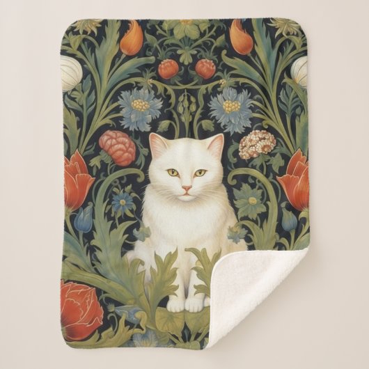 Couverture Sherpa Chat blanc Art nouveau dans le jardin (Devant)