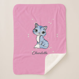 Couverture Sherpa Chat bleu mignon sur nom personnalisé rose