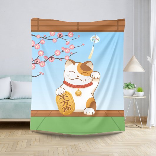 Couverture Sherpa Chat Calico Lucky Japonais, Maneki Neko