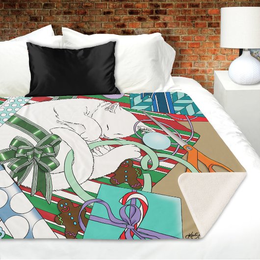 Couverture Sherpa Chat de Noël blanc