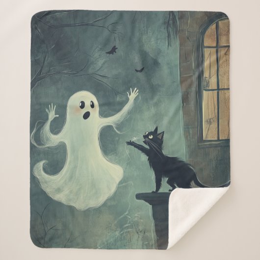 Couverture Sherpa Chat d'Halloween et fantôme (Devant)