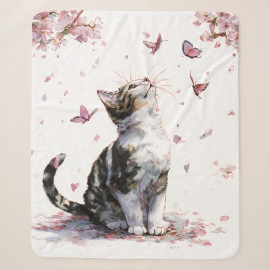 Couverture Sherpa Chat Fleur de Cerisier et Papillons (10) (Devant)