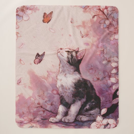 Couverture Sherpa Chat Fleur de Cerisier et Papillons (2) (Devant)