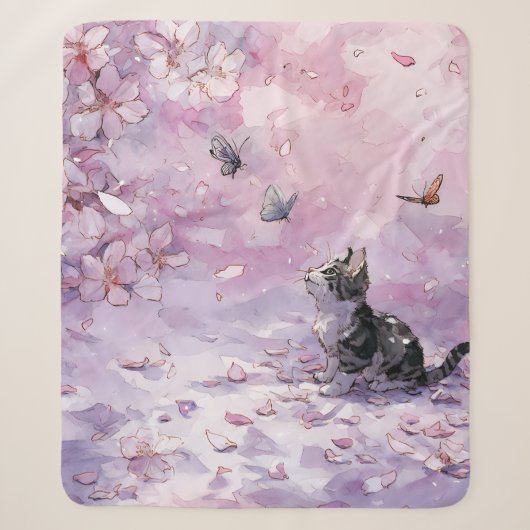 Couverture Sherpa Chat Fleur de Cerisier et Papillons (5) (Devant)