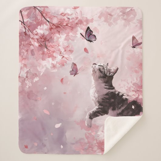 Couverture Sherpa Chat Fleur de Cerisier et Papillons (7) (Devant)