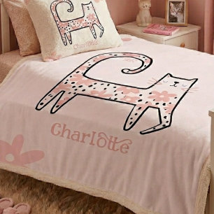 Couverture Sherpa Chat floral rose fantaisiste nommé Think Pink