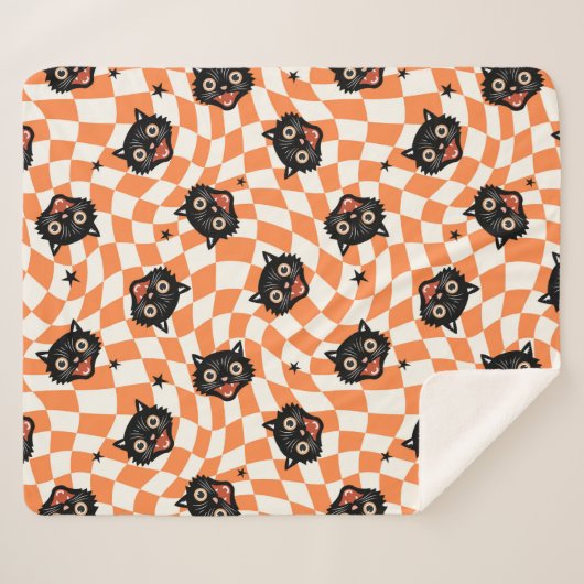 Couverture Sherpa Chat noir rétro Motif chèque orange (Devant (Horizontal))