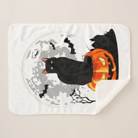 Couverture Sherpa Chat noir sur T-shirt Citrouille - Halloween Plein (Devant (Horizontal))