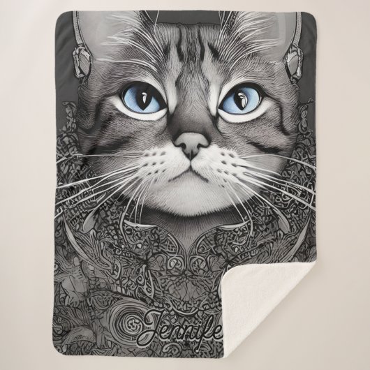 Couverture Sherpa Chat Orné Noir et Blanc Nom personnalisé (Devant)