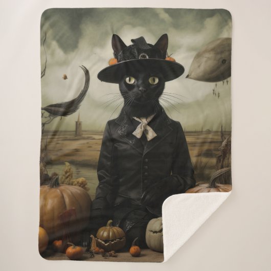 Couverture Sherpa Chat Sorcière avec Citrouilles (Devant)