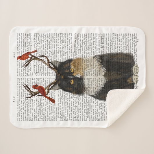 Couverture Sherpa Chat Tortoiseshell avec Antlers et Red Birds (Devant (Horizontal))