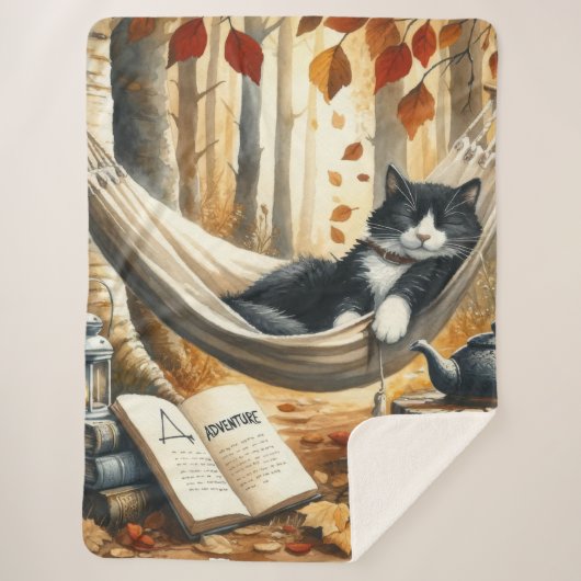 Couverture Sherpa Chat Tuxedo noir et blanc Dreaming of Adventure (Devant)