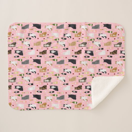 Couverture Sherpa Chats et vin mignon motif rose (Devant (Horizontal))