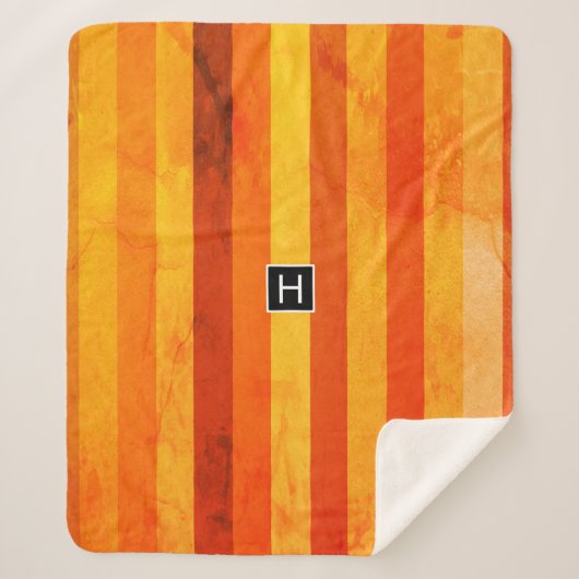 Couverture Sherpa Chaud Patiné Orange Rouge rayures Monogramme (Devant)
