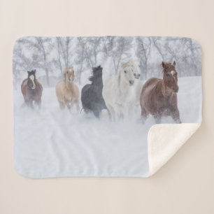 Couverture Sherpa Chevaux courant à travers la neige