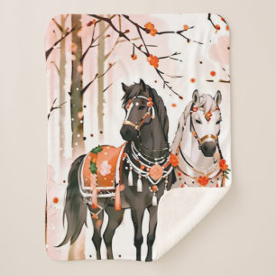 Couverture Sherpa Chevaux dans une forêt rouge