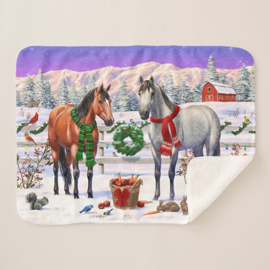 Couverture Sherpa Chevaux de Noël en neige (Devant (Horizontal))
