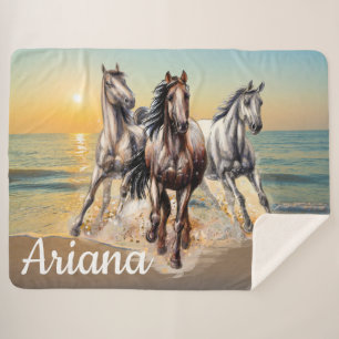 Couverture Sherpa Chevaux et coucher du soleil sur la plage