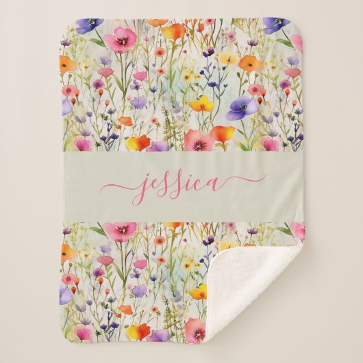 Couverture Sherpa Chic colorful wildflowers watercolor script name (Devant)