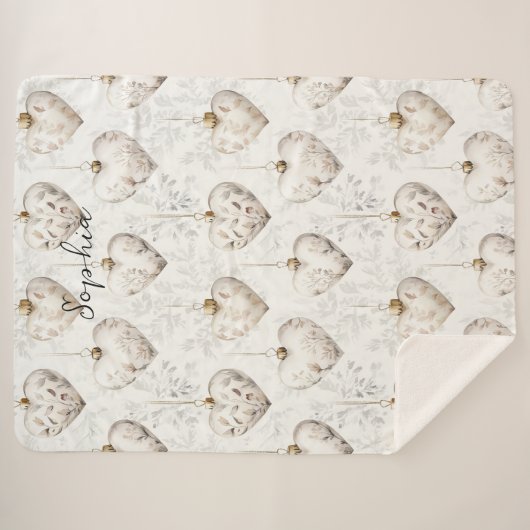 Couverture Sherpa Chic Cream Grey Hearts Ornaments (Devant (Horizontal))
