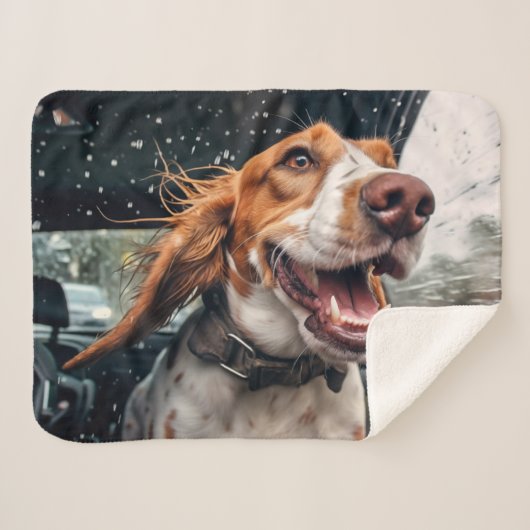 Couverture Sherpa Chien excité sur Rainy Car Ride Art (Devant (Horizontal))