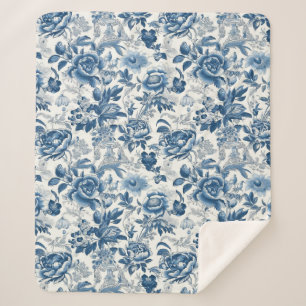 Couverture Sherpa Chinoiserie Bleu et Blancs Fleurs florales