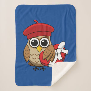 Couverture Sherpa Chouette mignonne avec béret rouge et boîte cardia