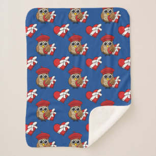 Couverture Sherpa Chouette mignonne avec béret rouge et boîte cardia