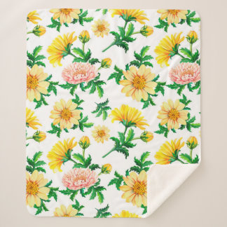Couverture Sherpa Chrysanthèmes aquarelle. Fleurs jaunes avec gre