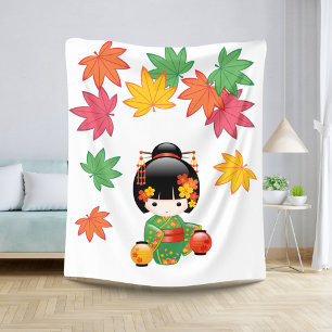 Couverture Sherpa Chute Poupée Kokeshi - Green Kimono Geisha Girl