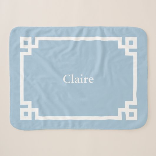 Couverture Sherpa Ciel Bleu et Clé Grecque Monogramme Blanc (Devant (Horizontal))
