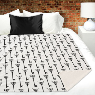 Couverture Sherpa Clé squelette de hibou tribal noir blanc gothique