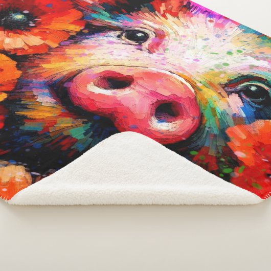 Couverture Sherpa Cochon impressionniste dans les fleurs de coquelic (3/4)