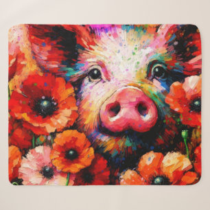 Couverture Sherpa Cochon impressionniste dans les fleurs de coquelic