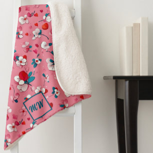 Couverture Sherpa Coeurs coquette, et fleurs blanc rouge turquoise