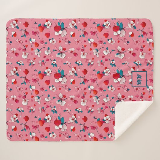 Couverture Sherpa Coeurs coquette, et fleurs blanc rouge turquoise (Devant (Horizontal))