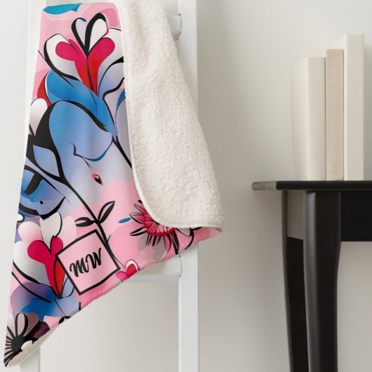 Couverture Sherpa Coeurs floraux, vibrants et monogramme de fleurs